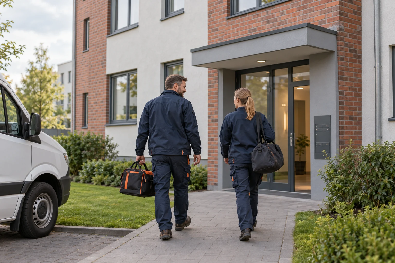 Arbeitsteam mit Werkzeug und Reisegepäck vor einem modernen Wohnhaus