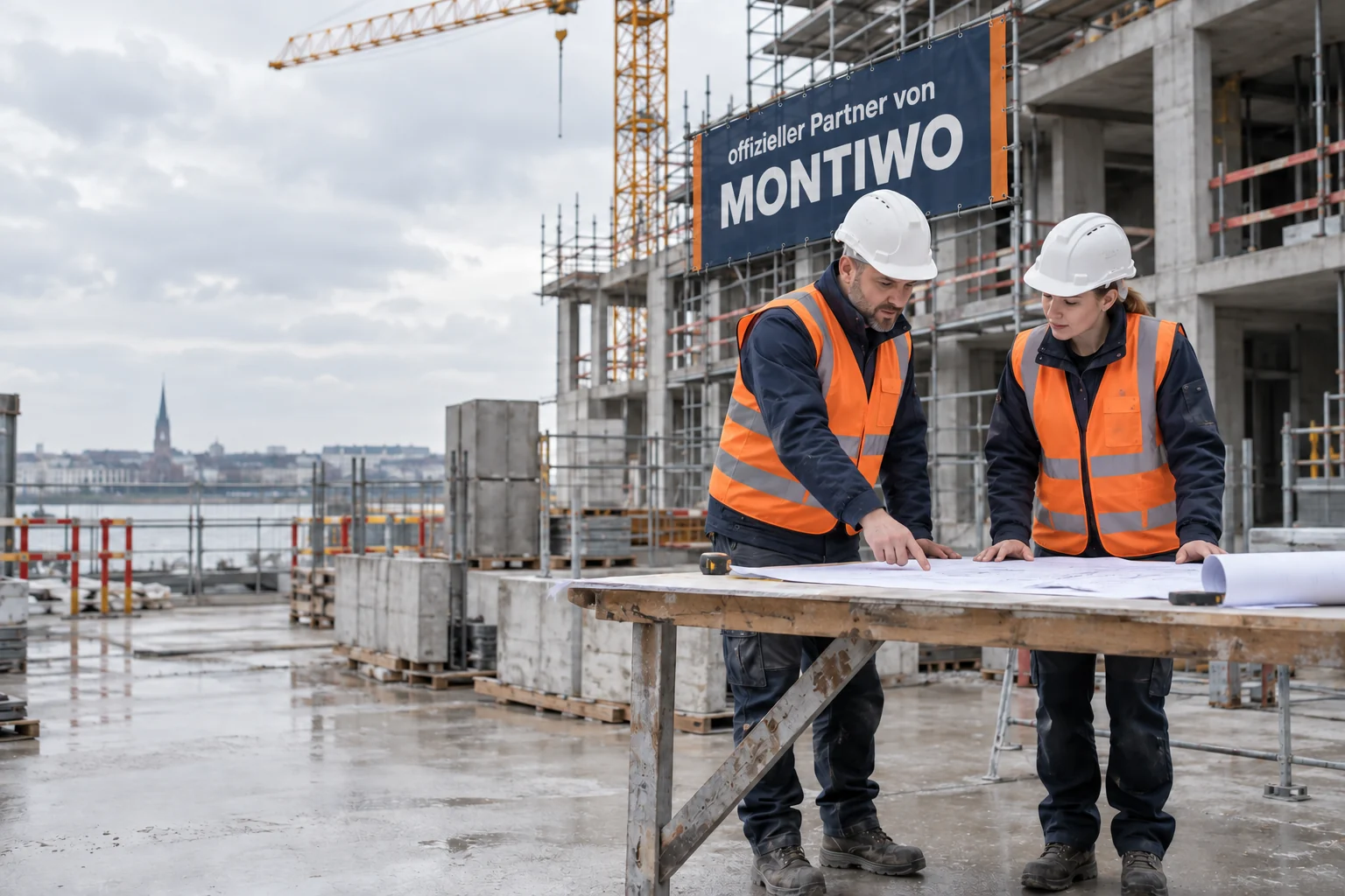 Projektteam bespricht Baupläne auf einer Großbaustelle